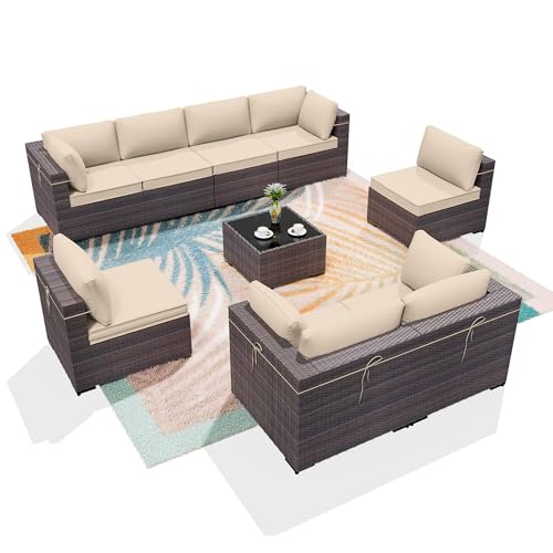 9 Pieces Patio Furniture Set Wicker Patio Conversation Set with 4 Corner Sofas, Outdoor Sectional Furniture w/Coffee Table & Washable Seat Cushions-Sand