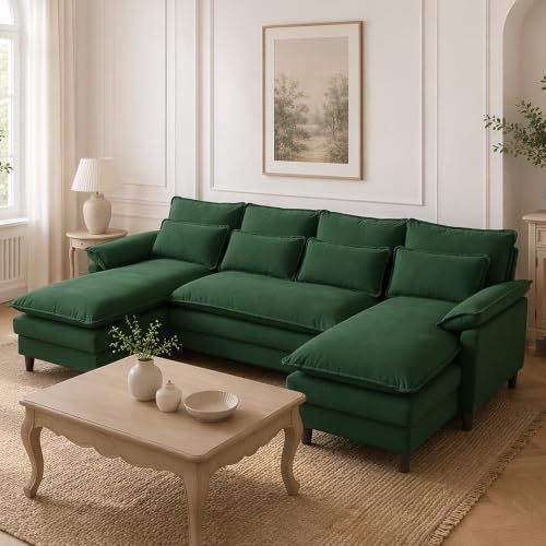 105" Convertible Sectional Sofa, U Shape Cloud Couch, Comfy Couches with Double Chaise and Sleepable Armrests, 4 Seats Sectional Couches for Living Room, Green