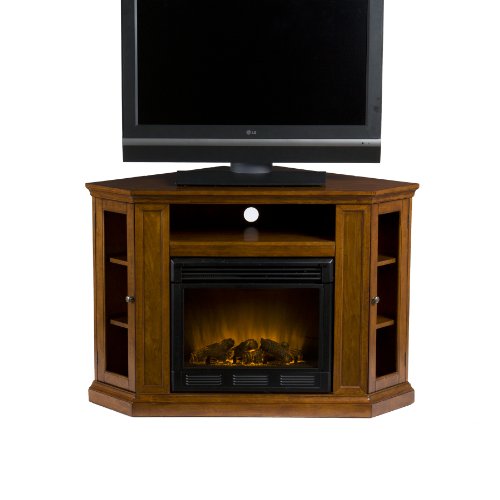 Claremont Convertible Corner Electric Fireplace Media Stand with Storage, Brown Mahogany