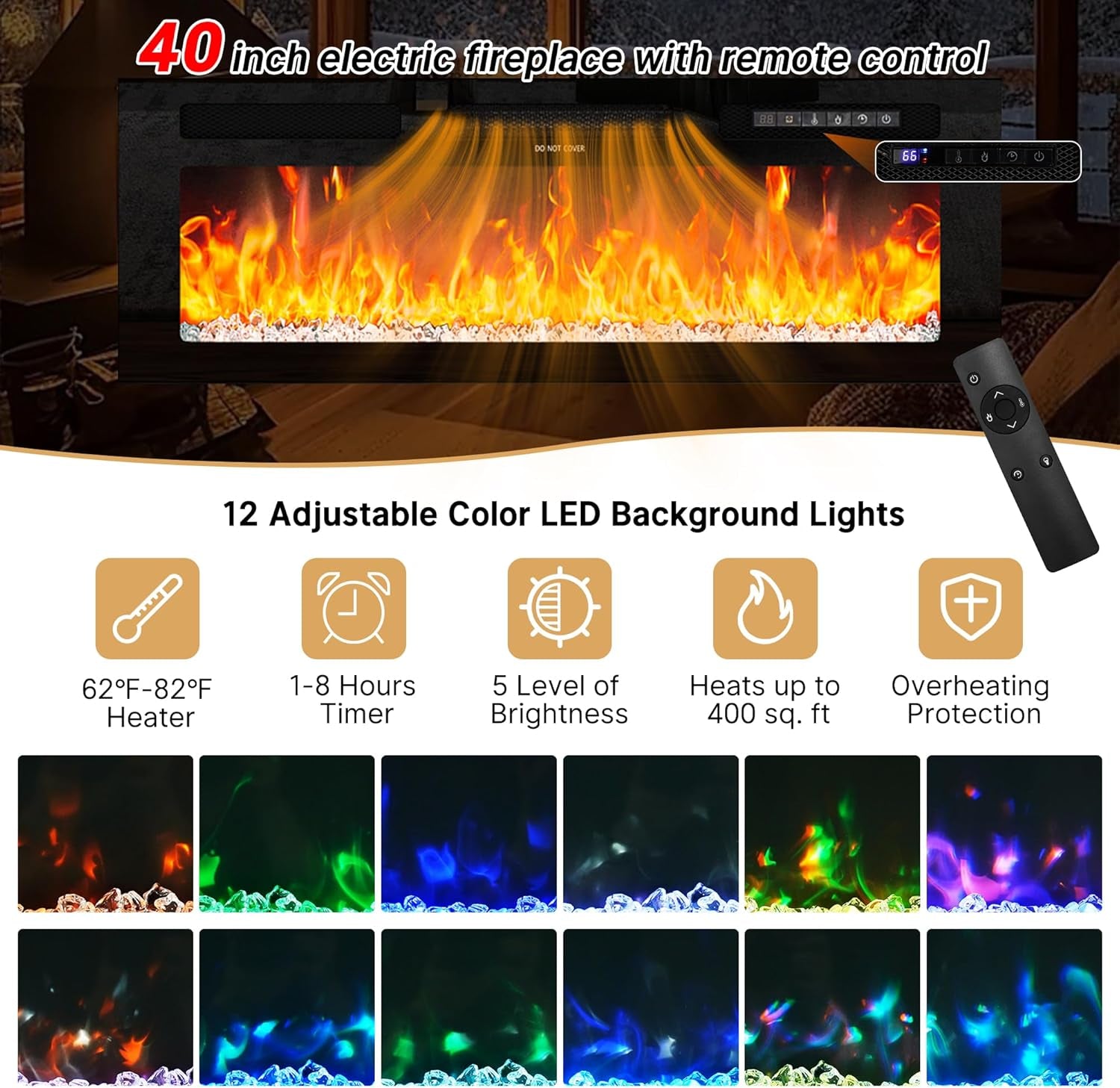 Fireplace TV Stand for 95" TV, 83" LED TV Stand with 40" Electric Fireplace & Power Outlet, High Gloss Surface, 2 Storage Cabinet, Modern Style (83 Inch, Black