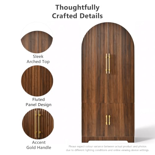 72" Tall Arched Cabinet Kitchen Pantry with 4 Doors, Fluted Storage Cabinets with 3 Adjustable Shelves & 1 Hidden Drawer & 8 Door Shelves, Versatile Cupboard for Kitchen, Dining Room, Brown