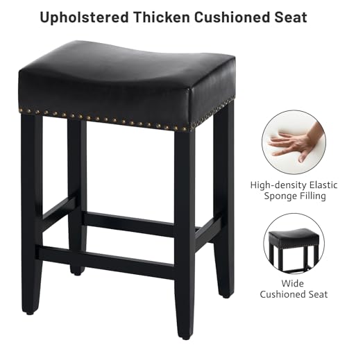 Bar Stools Set of 6,25.7 inch Counter Height Bar Stools,Upholstered Kitchen Barstools with Solid Wooden Legs, Saddle Stools for Kitchen Island, Bar, Cafe, Black