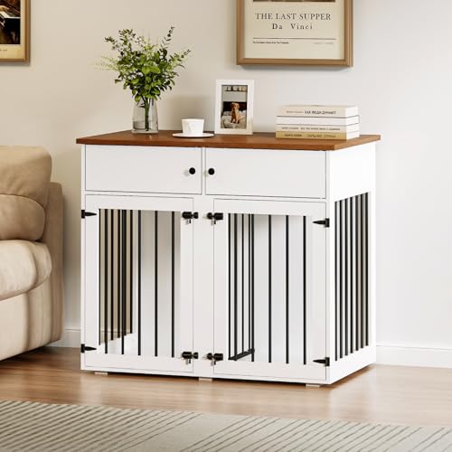 Dog Crate Furniture for 2 Dogs, 41 Inch Double Dog Cage, White, view 8