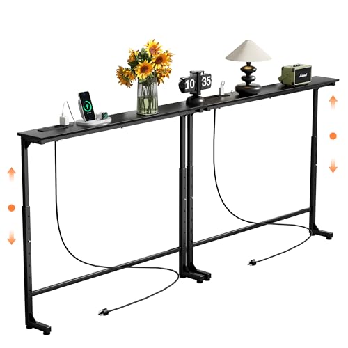 2 Pack Adjustable Height Narrow Console Table with Power Outlets, 78.7" Long Sofa Table with Charging Station Behind Couch Table Skinny Entryway Table for Living Room and Hallway – Black