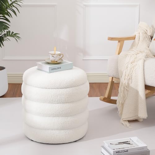 Teddy Sherpa Round Ottoman with Storage, Modern Upholstered Vanity Stool Foot Rest, Small White Boucle Storage Ottoman for Bedroom, Living Room, Entryway, Dorm