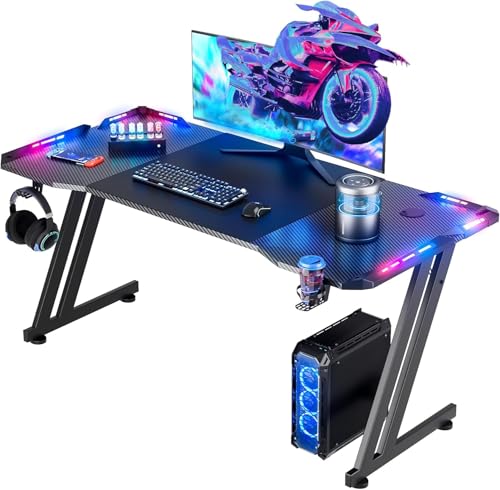 55 Inch Gaming Desk Z Shaped Carbon Fiber Computer Desk with LED, view 2