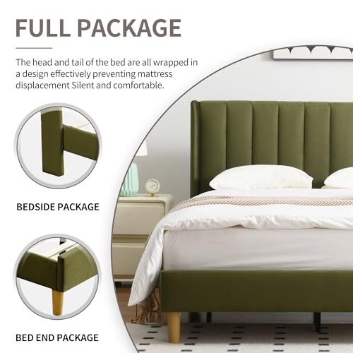 Queen Bed Frame,Platform Bed with Upholstered Headboard,GrassGreen, view 8