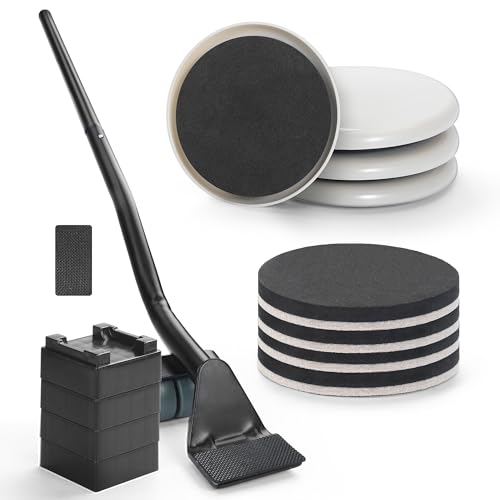 Furniture Lifter Tool + 8-Pack of 3.5" Sliders, Save 80% Effort, Safely and Easily, The Lift and Glide Tool Set for Heavy Furniture and Appliances, Reusable Moving Pads, Floor Protectors for Carpet