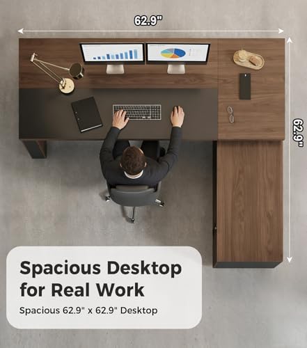 63" Reversible L-Shaped Executive Desk with Drawers โ Compact Office Computer Desk with Open Shelves, LED Lighting, Built-in Outlet & USB Ports for Home, Office, School (63" W x 63" D x 30" H)