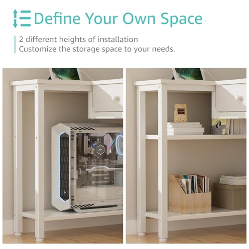 Small White 40 Inch L Shaped Corner Desk with Drawers & Storage Shelves, view 8
