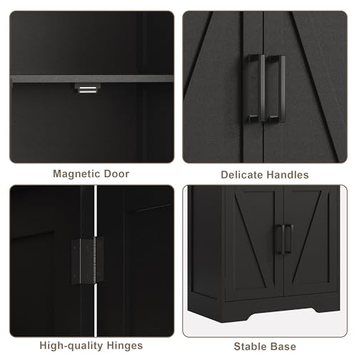 Bathroom Floor Cabinet, Farmhouse Bathroom Storage Cabinet with Doors and Adjustable Shelves, Freestanding Kitchen Pantry Cabinet, Cupboard for Living Room, Dining Room, Black