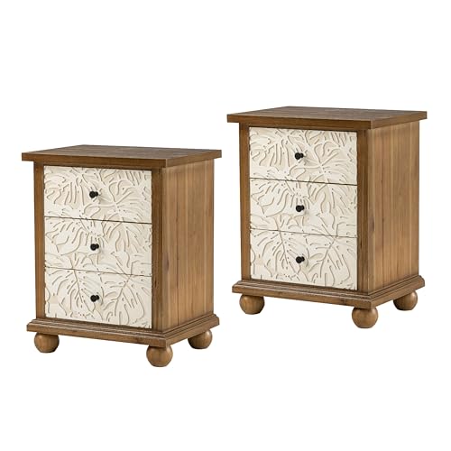 Farmhouse 3-Drawer Nightstand with Leaves Pattern Carved, view 2