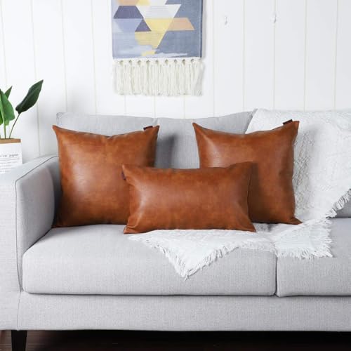 Set of 2 Faux Leather Decorative Throw Pillow Covers Modern Solid Outdoor Cushion Cases Luxury Pillowcases for Couch Sofa Bed 20x20 Inches Brown