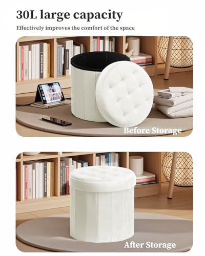 Folding Storage Ottoman Round 15Inch, Foot Stool with Thicker Foam Padded Seat Small Velvet Storage Ottoman Bench Foot Rest for Living Room Foldable Coffee Table,Beige