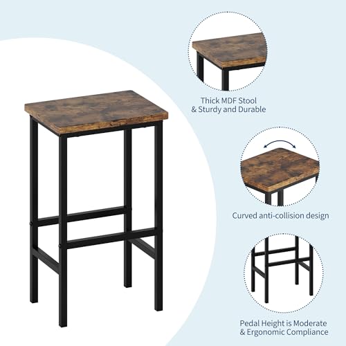 3-Piece Kitchen Table Set with Storage Shelves & 2 Bar Stools - Iron and Wood Dining Table for Small Spaces, Apartments, Condos, Rustic Brown