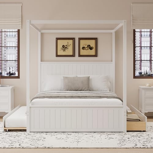 Queen Size Canopy Bed with Trundle and 3 Storage Drawers, view 7
