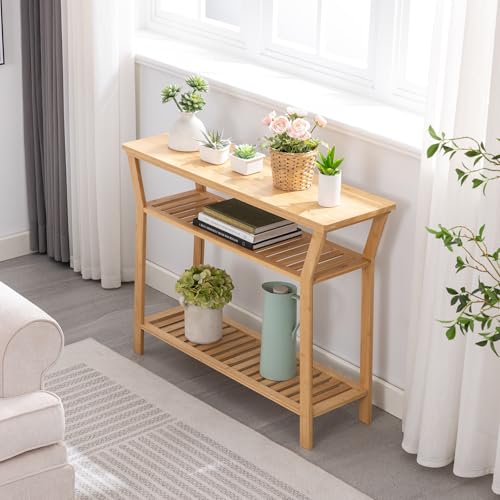 Bamboo Console Table, 38.6" Entryway Table with Storage, Display Table, Narrow Sofa Table for Entryway, Living Room, Foyer