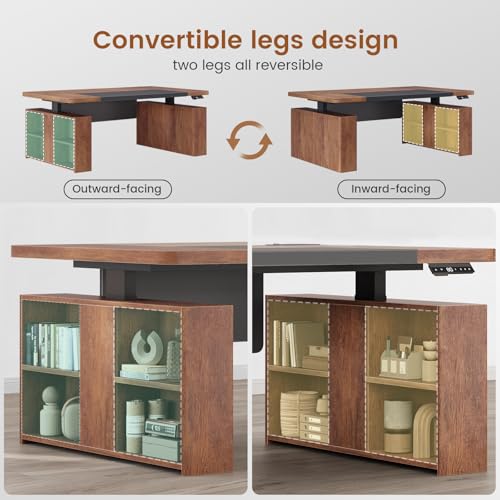 63" Executive Standing Desk with Storage, Executive Height Adjustable Desk with Power Outlets, Large Computer Office Desk with Privacy Panel for Home Office, Warm Golden Brown