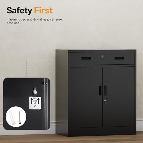 Metal Storage Cabinet 36" H, Locking Storage Cabinet with 1 Drawer and Adjustable Shelf, Garage Storage Cabinet for Home Office, Garage, School, Apartment, Warehouse