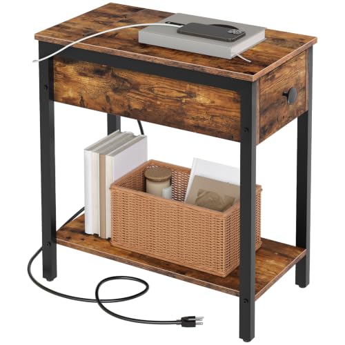 Rustic brown end table with charging station and drawer, view 2
