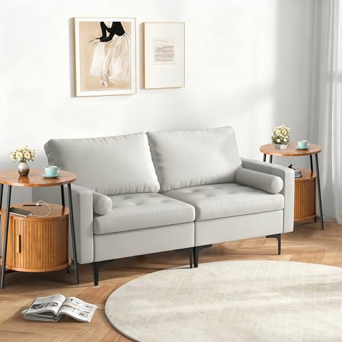 Round End Tables Set of 2 & Charging Station, Fluted Accent Side Table with Sliding Door, Mid-Century Modern Nightstand set of 2 for Small Space Storage, Living Room, Bedroom,Sofa Couch(2, Yellow)