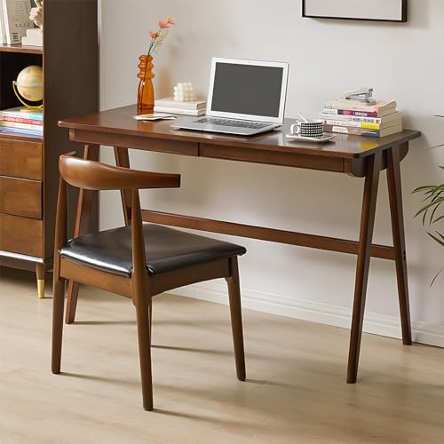 Computer Desk with Drawers, Solid Wood Writing Desk, Mid Century Modern Home Office Desks, Oak Study Table, Small Desk for Bedroom, 29.1 H x 39.4 W x 21.7 D Inches, Walnut