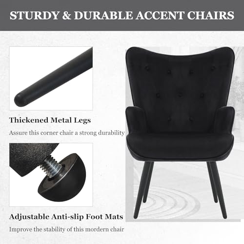 Accent Chairs Set of 2, Black Velvet Reading Armchairs with High Backrest, Wingback Corner Chairs - Mid Century Modern for Living Room, Bedroom, Waiting Room