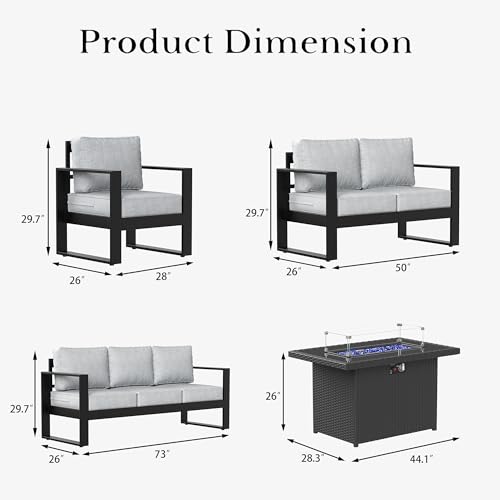 5 Pieces Aluminum Outdoor Patio Furniture Set, Metal Modern Conversation Sofa Set with Fire Pit Table and Washable Thick Cushions for Porch, Backyard, Deck