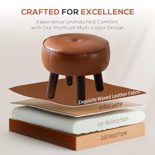 Small Foot Stool, Round Faux Leather Pouf Ottoman Foot Rest, Footstool Ottomans with Rubber Legs Under Desk, 13''L x 13''W x 10.2''H, Footrest for Couch, Living Room, Bedroom, Hallway, Brown