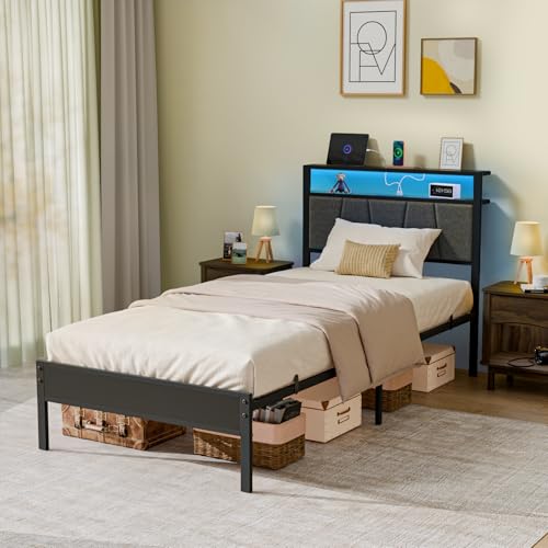 14 Inch Storage Headboard with Charging Station Twin Bed Frame, view 8