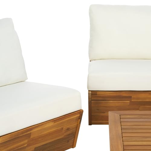 SAFAVIEH Outdoor Patio Furniture - Dune 4-Piece Set - Sand & Beige - Acacia Wood - Modern, Conversation Set with Detachable Cushion Covers - Ideal for Patio, Deck, Porch, Backyard (PAT9515A-KIT3)