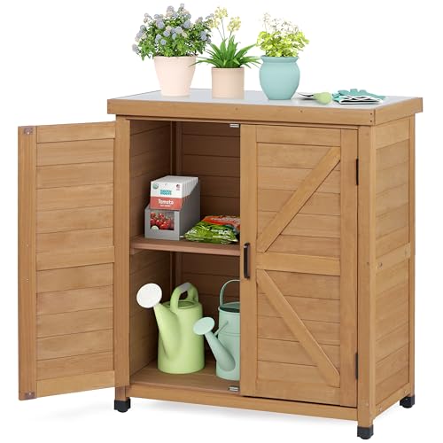 Outdoor Storage Cabinet & Potting Bench Table with Metal Top, Wooden Patio Furniture, Garden Workstation (Light Brwon, 36x31x17in)