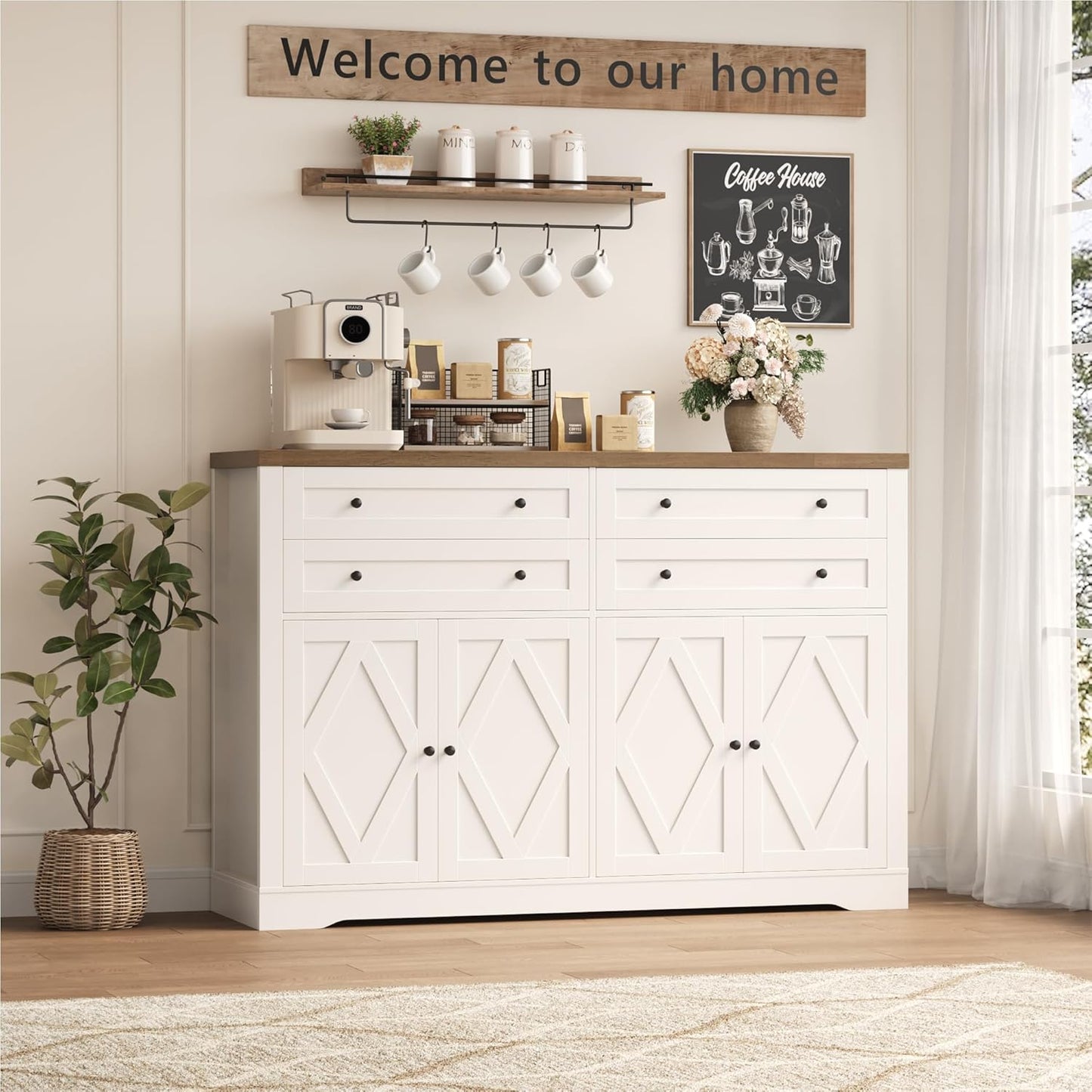 55" Coffee Bar with 4 Large Drawers, 40" Tall Buffet Cabinet with Storage, Kitchen Storage Cabinet, Modern Farmhouse Sideboard Buffet, Adjustable Shelves for Living Room, White