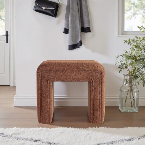 Vanity Stool Chair,Modern Boucle Ottoman Foot Stool with Wooden Legs Sofa Bench Footstool Extra Seat for Vanity,Makeup Room,Living Room,Entryway,Office (Fully Assembled) (Brown)