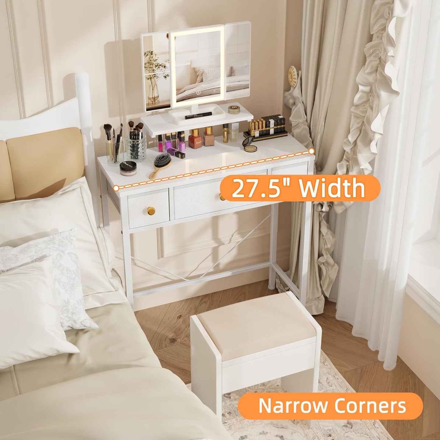 Small Makeup Vanity Desk with 3 Fabric Drawers, Vanity Table 11.8" D X 27.5" W with Mirror and Lights and Height-Adjustable Stand, Vanity for Girls Gifts, Bedroom and Small Spaces, White