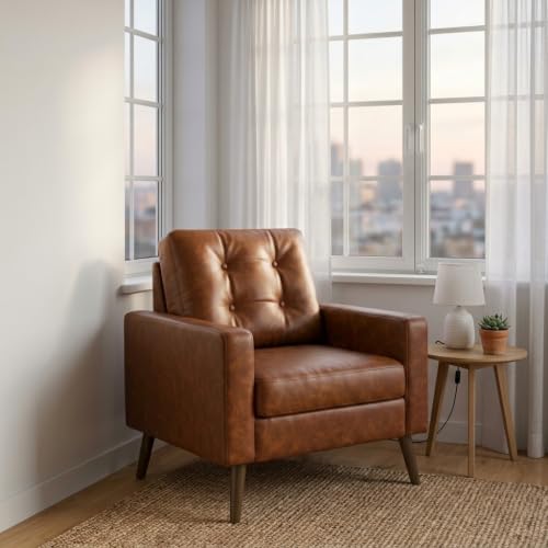 Mid Century Modern Armchair, Button Tufted Faux Leather Accent Chair with Armrests, Upholstered Club Chair for Living Room, Bedroom & Office, Caramel Brown