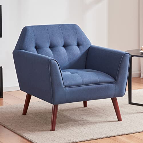 Accent Chairs for Bedroom, Midcentury Modern Living Room Accent Arm Chair, Linen Fabric Comfy Reading Chair, Tufted Sofa Chair, Blue
