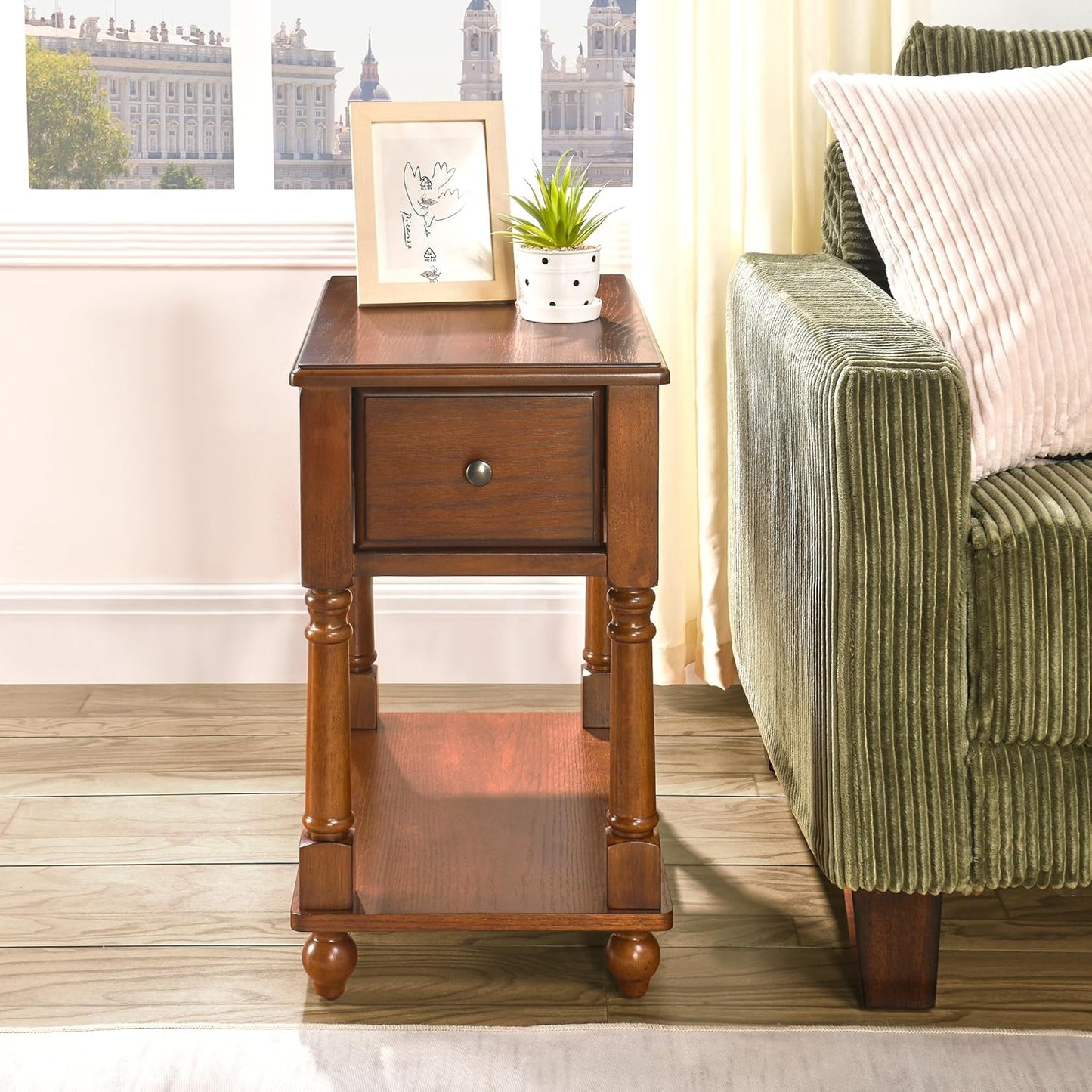 Solid wood narrow end table with drawer and storage shelf, view 8
