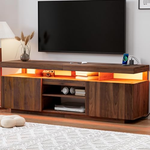Modern LED TV Stand for 75 Inch TV, Walnut TV Console with Power Outlet, Entertainment Center with Storage for 75/70/65 inch TVs, Rustic Gaming Media Console Cabinet for Living Room (64 Inch)