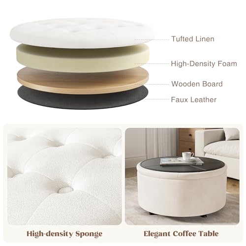 30 Inch Round Storage Ottoman,Modern Tufted Ottomans,Circular Coffee Table with Removable Top,Upholstered Large Ottoman with Storage Footrest Stool for Bedroom Living Room (White)