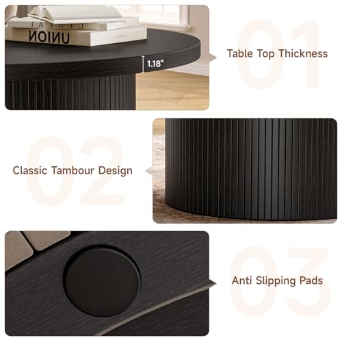 31.5" Round Coffee Table, Tambour Design Coffee Tables for Living Room, Mid Century Modern Wood Coffee Table, Drum Accent Small Center Table, Black