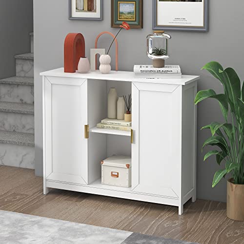 White Buffet Cabinet with Storage,Wooden Narrow Sideboard Entryway Cabinets,Modern White Cabinet with Doors Credenza