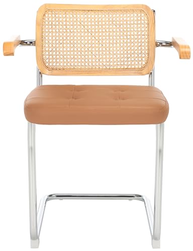 SAFAVIEH Furniture - Coralia Set of 2 Modern Coastal Dining Arm Chairs - Cognac Faux Leather, Natural Rattan & Chrome Cantilever Seating, 19.3" Seat Height (DCH1102A-SET2)