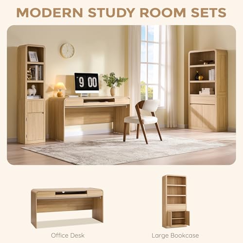 63" Modern Computer Desk with 2 Drawers, Wood Curved (Natural), view 7