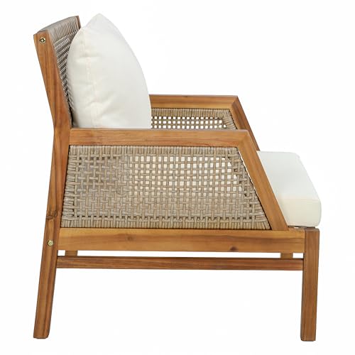 Zura Set of 2 Bohemian Acacia Wood Patio Accent Chair, Lounge Chair Outdoor Set with Wicker Accent, Patio Furniture Single Sofa with Water-Repellent Cushions, Teak+Beige