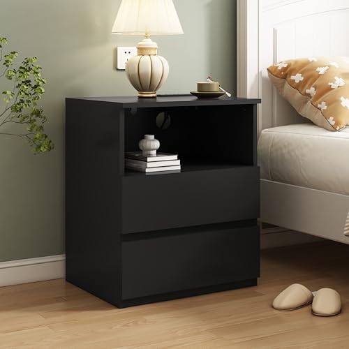 (Set of 2) End Table with Fast USB C Charging Station, Sofa Side Table with 2 Drawers, Large Storage Modern Wood Storage Cabinet for Living Room,Bedroom,Office, Black