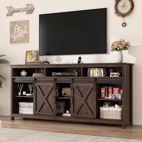 70" LED Farmhouse TV Stand for 80/75/70 Inch TVs,Tall Entertainment Center Storage Cabinets w/Power Outlets and Sliding Barn Door,Rustic TV Stands for Living Room,Media Console Cabinet (Rustic Brown)