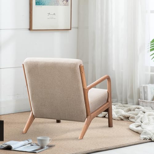 Mid Century Modern Accent Chair with Wood Frame, Upholstered Living Room Chairs with Waist Cushion, Reading Armchair for Bedroom Sunroom (Beige)