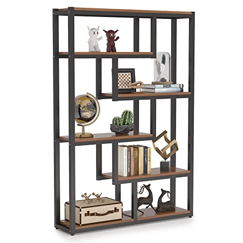 Tribesigns Way to Origin 6-Shelf Industrial Bookshelf, Vintage Etagere Bookcase, 69 Inch Tall Storage Display Staggered Shelves with Sturdy Metal Frame for Home Office, Dark Walnut & Black