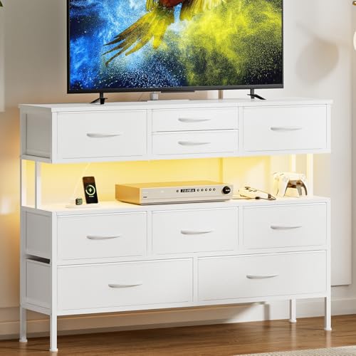 43.3" TV Stand for 55" TV, Entertainment Center with Charging Station and LED Light, Media Console Table with Drawers & Shelves, TV Stand for Living Room, White